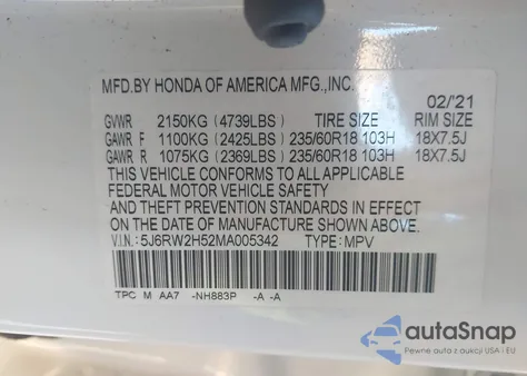 2021 Honda Cr-V Awd Ex z USA, uszkodzony, nr VIN 5J6RW2H52MA005342